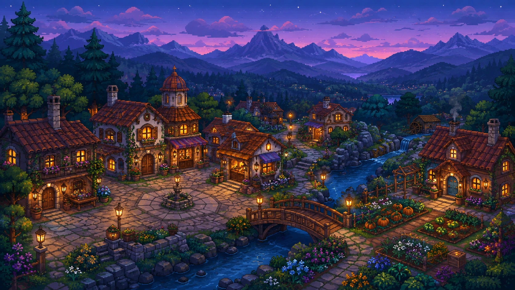 GC21 pixel concept: a riverside village with glowing windows at dusk